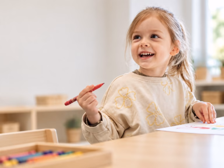 A smiling girl holding a red crayon at a wooden table in a bright classroom