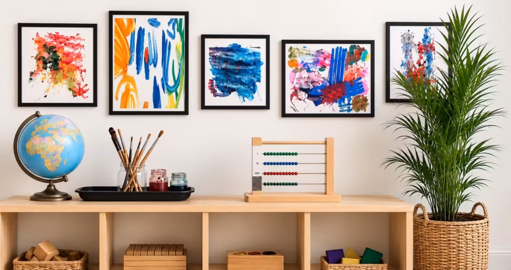 Classroom shelf with children's paintings, a globe, an abacus and natural materials