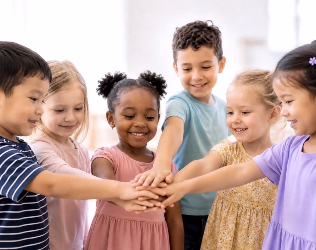 Children stacking their hands together in a circle