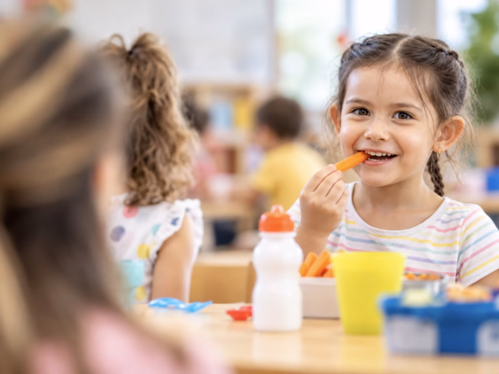 A smiling child eating a carrot stick at a classroom table