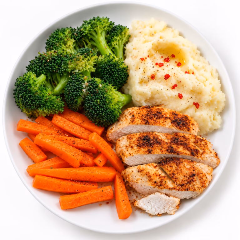Sliced chicken with broccoli, roasted carrots and mashed potatoes on a white plate