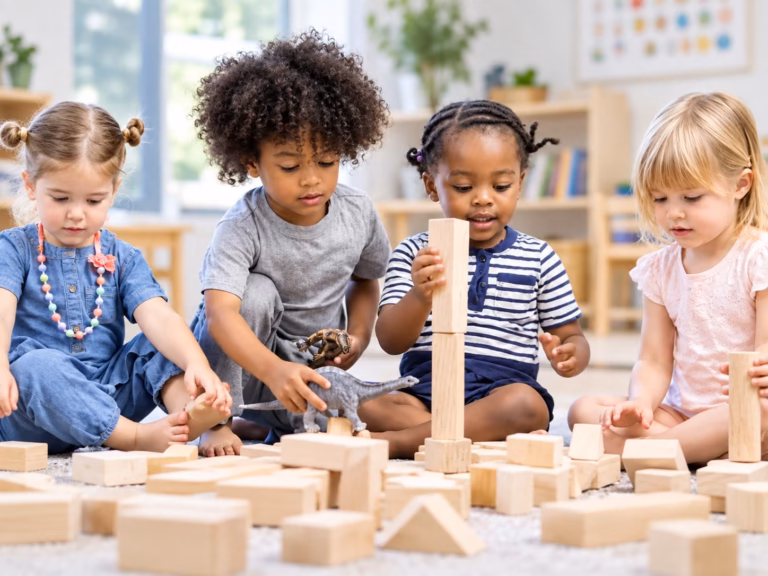 Four children building with wooden blocks and toy animals