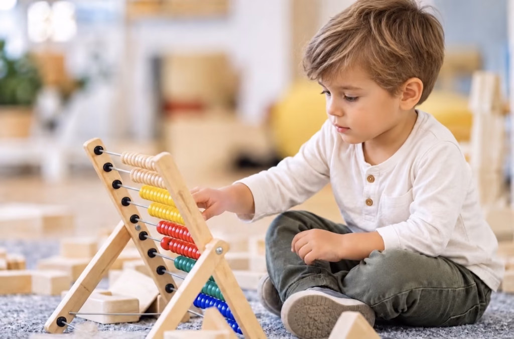 A boy sliding beads on a wooden abacus on a classroom rug