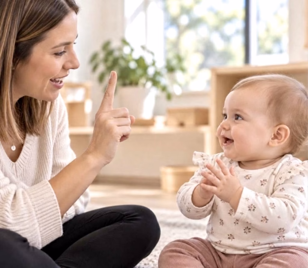 A teacher showing a sign to a smiling baby during a baby sign language class