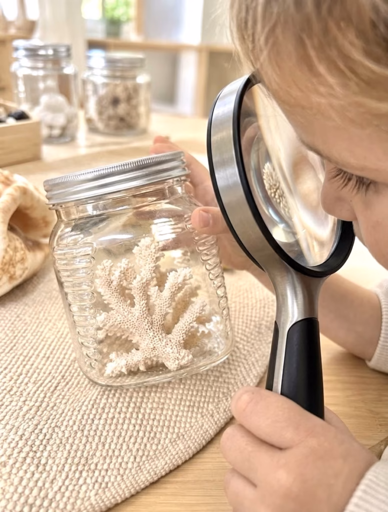 Child examining coral in a glass jar through a magnifying glass