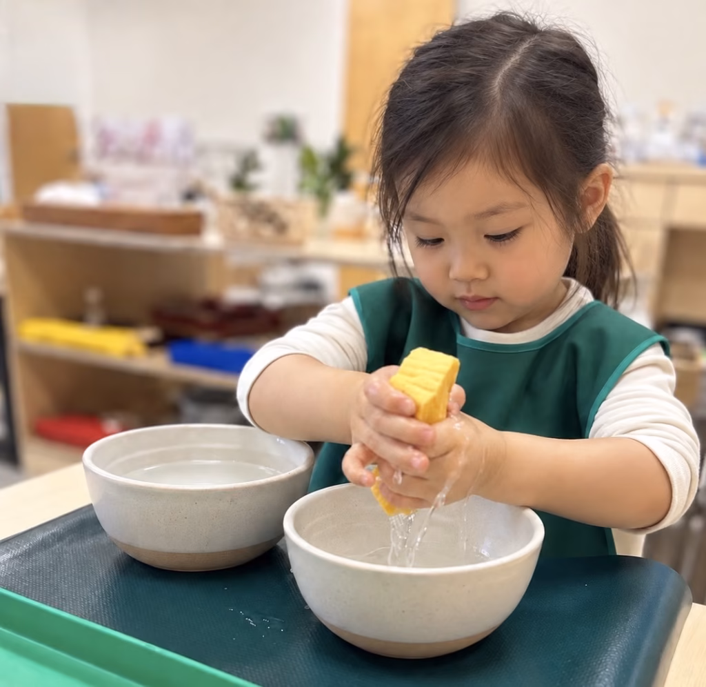 Girl squeezing a lemon over a bowl at a practical-life tray