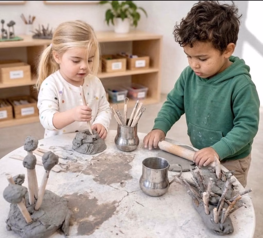 Two children shaping clay sculptures at a classroom table