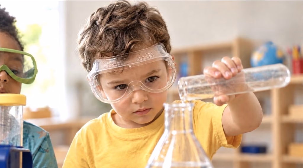 Boy in safety goggles pouring liquid from a test tube into a flask