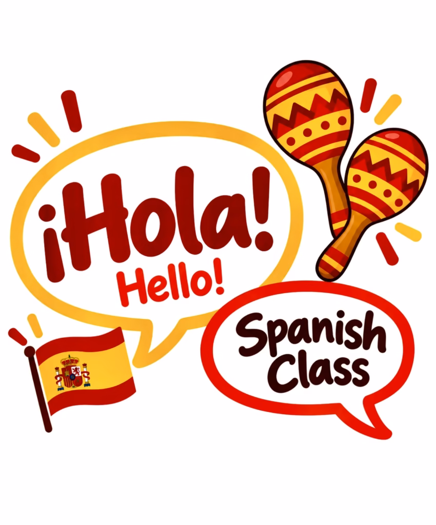 ¡Hola! Hello! Spanish Class illustration with maracas and a Spanish flag