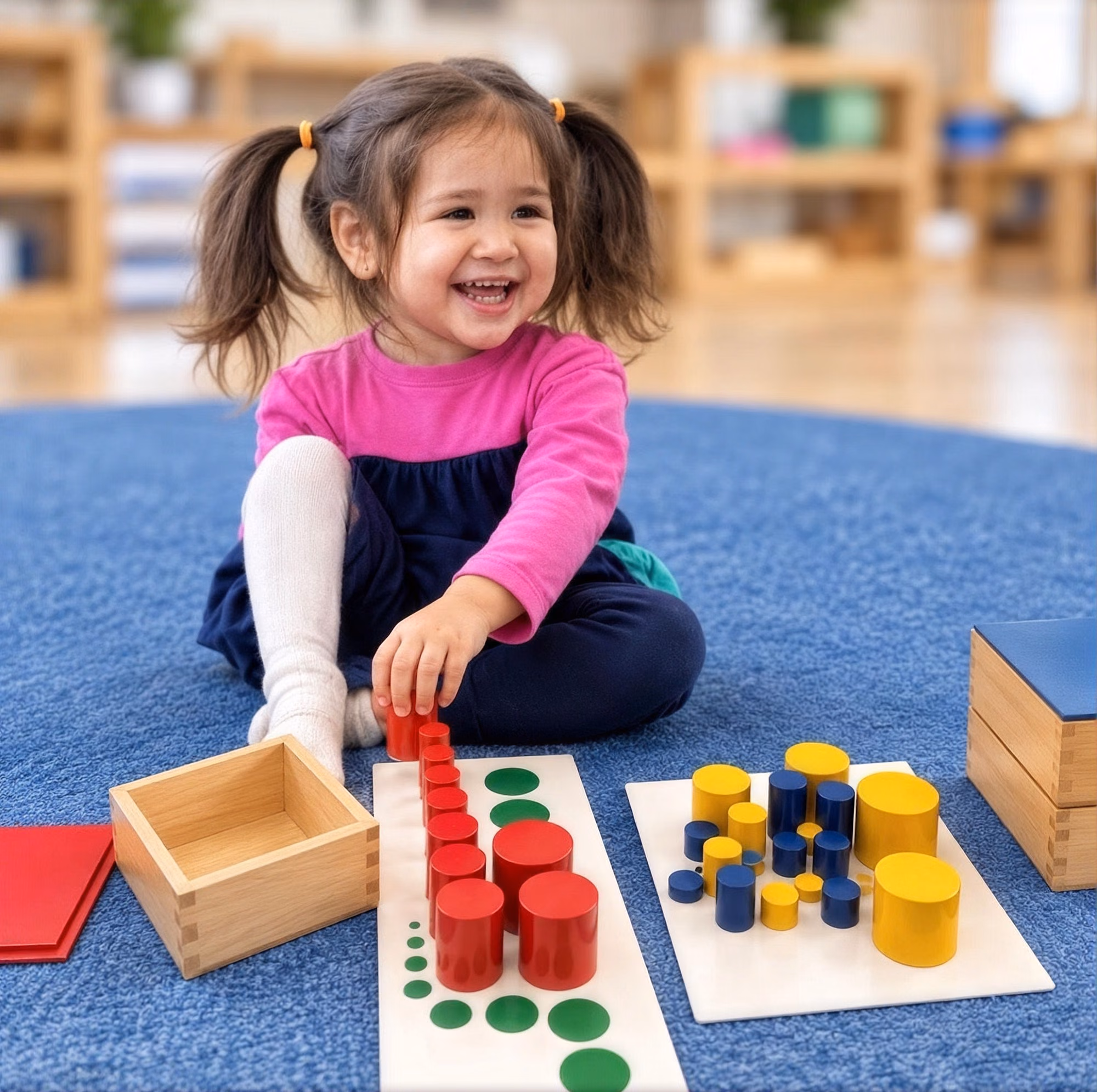 Smiling toddler sorting colored cylinders on a classroom rug