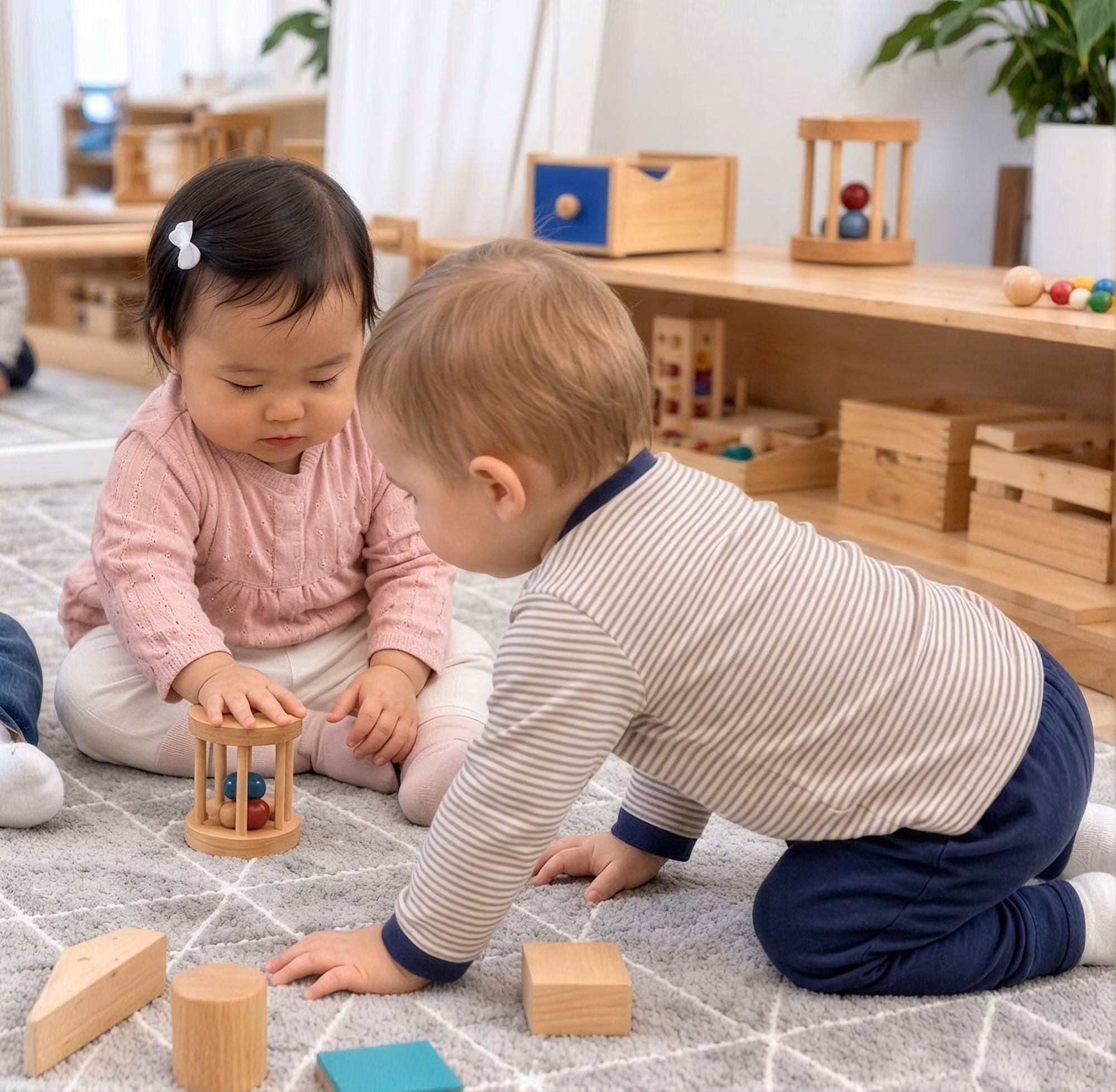 Two infants playing with wooden toys on a classroom rug