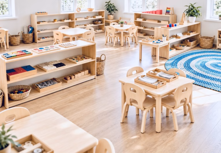 Bright classroom with low wooden shelves of learning materials, small tables and chairs