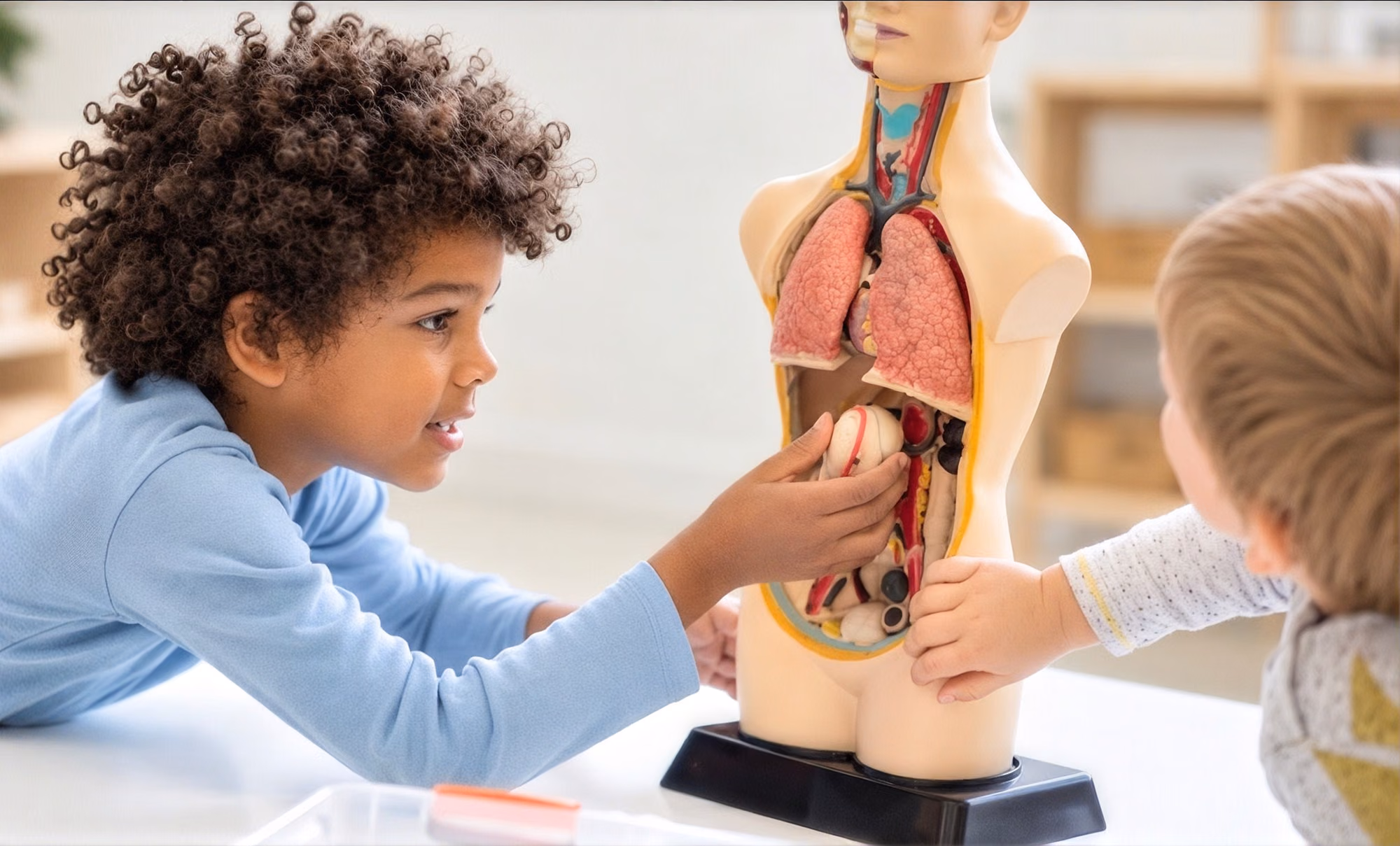 Child exploring a human anatomy model with a classmate