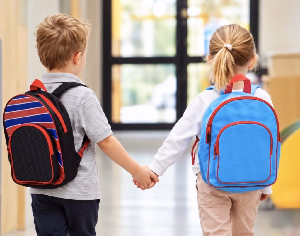 Two children holding hands, wearing backpacks, walking down a school hallway
