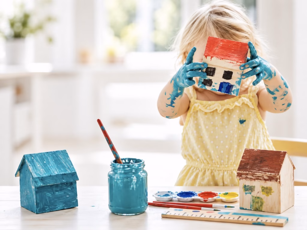 Child holding a hand-painted wooden house, hands covered in paint