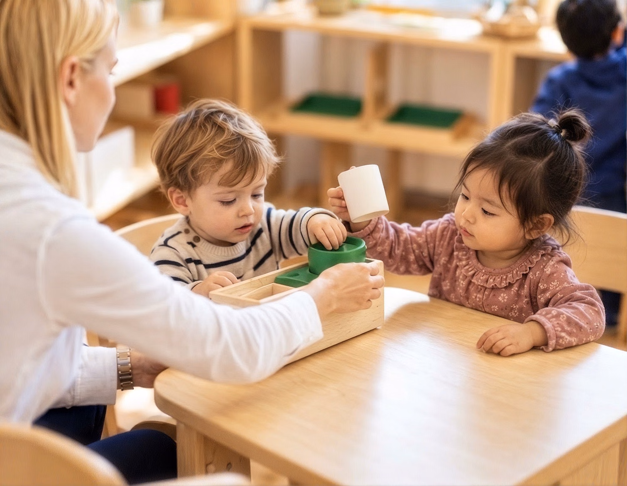 Teacher and two toddlers working with a wooden box at a table