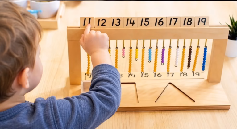 Child counting beads on a wooden Montessori bead frame